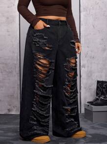 Flirla Plus Size Women Distressed Pocket Wide Leg Loose Casual Versatile Jeans - Black - View 4