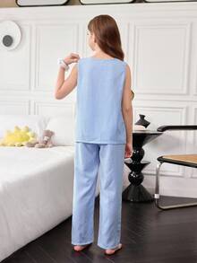 SHEIN 女童条纹印花雪纺吊带背心和裤子睡衣套装 - 彩色 - 查看 2