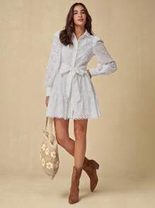 Enchnt 秋冬浪漫女装优雅白色镂空刺绣纽扣可移动腰部迷你连衣裙，适合度假、甜美约会、节日、派对、毕业典礼和海滩，女士秋季连衣裙、秋季服装、优雅派对连衣裙、波西米亚服装 - 白色 - 查看 1