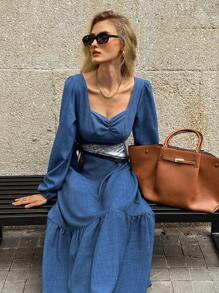 Elyressa Vestido elegante de mujer de unicolor con escote de corazón y fruncido - Azul - Ver 5