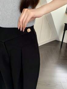 Modelyn French Style High Waist Side Pleated Versatile Slimming Women Pants Fall Cloth For Women - Black - View 3