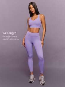 GLOWMODE Mallas de compresión con espalda cruzada suave y elástica FeatherFit™-Sculpt Power Form de 24", para entrenamiento de alto impacto, running, entrenamiento, gimnasio, estudio y uso diario activo - Lila Púrpura - Ver 3