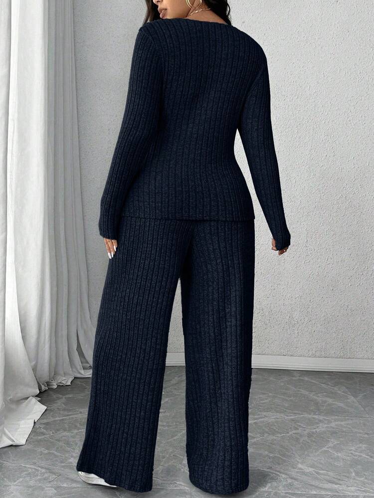 EURMUSE Plus Size Soft Knit Ribbed Fabric Criss-Cross Wrap Long Sleeve T-Shirt + Soft Ribbed Wide Leg Pants Casual Homewear 2-Piece Set - Navy Blue - View 2