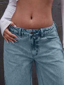 EURMUSE 蝴蝶结低腰阔腿牛仔裤 - 淺藍色 - 查看 3