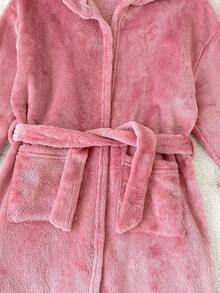 SHEIN 粉色女童可愛兔子圖案卡通刺繡連帽抓絨浴袍，秋季仙女之夜毛絨家居服，幼童小女孩可正反穿冬天睡袍 - 淺粉色 - 查看 7
