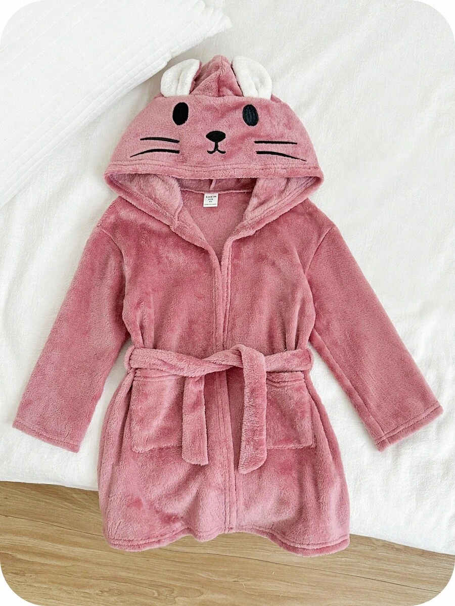SHEIN 粉色女童可愛兔子圖案卡通刺繡連帽抓絨浴袍,秋季仙女之夜毛絨家居服,幼童小女孩可正反穿冬天睡袍 - 淺粉色 - 查看 1