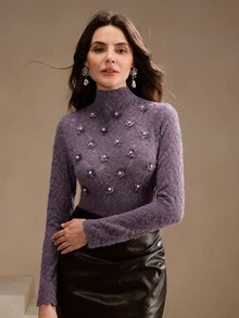 Anewsta 性感优雅紫色 3D 花卉蕾丝高领浪漫女士打底 T 恤 - 紫色 - 查看 4