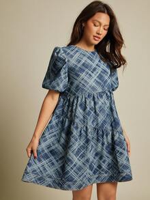 WESTFADE 泡泡袖不对称分层格子交叉提花牛仔迷你连衣裙 - 中等水洗藍 - 查看 5