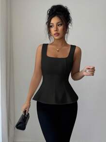 Elenzga Women's Elegant Square Neck Sleeveless Blouse With Front Slit, Suitable For Office, Commute, Afternoon Tea, Party, Vacation, Casual Wear, Spring/Summer - Black - View 3