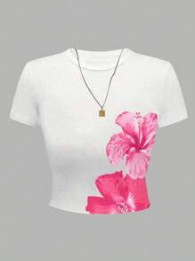 青少年女孩休闲舒适时尚芙蓉花图案短袖圆领 T 恤，适合夏季户外和度假 - 白色 - 查看 3