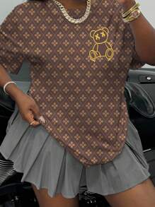 Rovax 大码女式夏季花卉和卡通熊印花圆领短袖休闲T恤图案T恤女式上衣