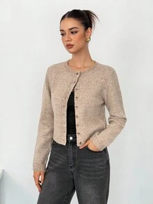 SHEIN Tall Autumn And Winter Women's Khaki Round Neck Long Sleeve Single-Breasted Casual Short Wool Knit Thick Cardigan, Short Jumper, Cute Jumper, Fall Women Clothes, Going Out Tops, Business Casual Woman, Fall Sweaters, Office Attire, Basic Sweaters,Fall Clothes For Women,Chic Blouse For Women,Long Sleeve Going Out Top,Elegant,Civil Wedding,Wedding Guest , Party