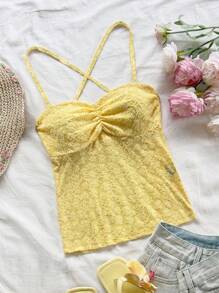 Soleia 女士花卉提花褶皱吊带背心黄色上衣 - 黃色 - 查看 1