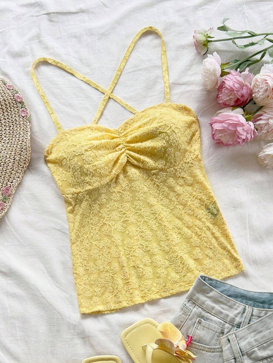 Soleia 女士花卉提花褶皱吊带背心黄色上衣 - 黃色 - 查看 1