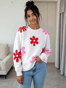 Tween Girls Floral Applique Crew Neck Thick Sweater, White, Suitable For Layering, Staying Home In Autumn/Winter Fall - White - View 2