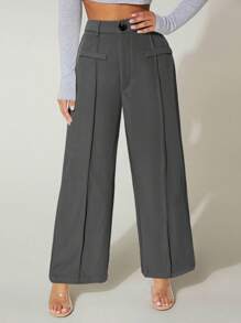 SHEIN PETITE 實色縫線前開衩寬褲 - 灰色 - 查看 7