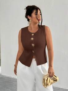 Firerie Damska metalowa ozdoba słoneczna z okrągłym dekoltem, modna dzianinowa kamizelka w dużym rozmiarze, bez rękawów, dzianinowy top w kolorze brązowym, damska letnia bluzka, dzianinowy top, sweter, kamizelka na jesień/zimę