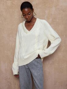 SHEIN Privé VITNOS Women's Elegant Beaded Faux Pearl Decor Pullover Cable Knit Sweater,Off-White Autumn Tea Party Holiday Vacation Chic Luxury French Elegance - Apricot - View 7
