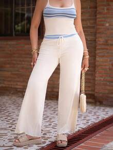 Melissa Matos 低腰撞色抽绳腰带阔腿轻盈针织裤仅限春夏季假期优雅海滩可爱机场海滩别墅机场假日秋季返校秋季冬季日常 - 奶油色 - 查看 1