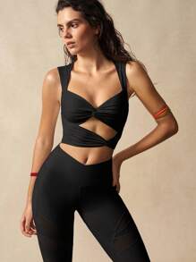 VARSIVA 女士纯色扭结镂空短款运动背心，夏季运动文胸 - 黑色 - 查看 4