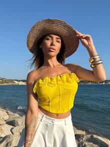 Manon Tanti Romantiskt sexig axelbandslös volangsmonterad crop Top för semester, datum, alla hjärtans dag, eftermiddagste - Gul - Visa 5