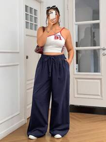 SHEIN EZwear 大码女式纯色抽绳腰阔腿休闲棉质裤 - 藏蓝色 - 查看 5