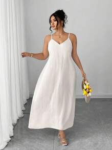 SHEIN PETITE CURVE Váy không tay màu trơn cỡ lớn dành cho nữ, mùa hè - Màu be - Xem 5