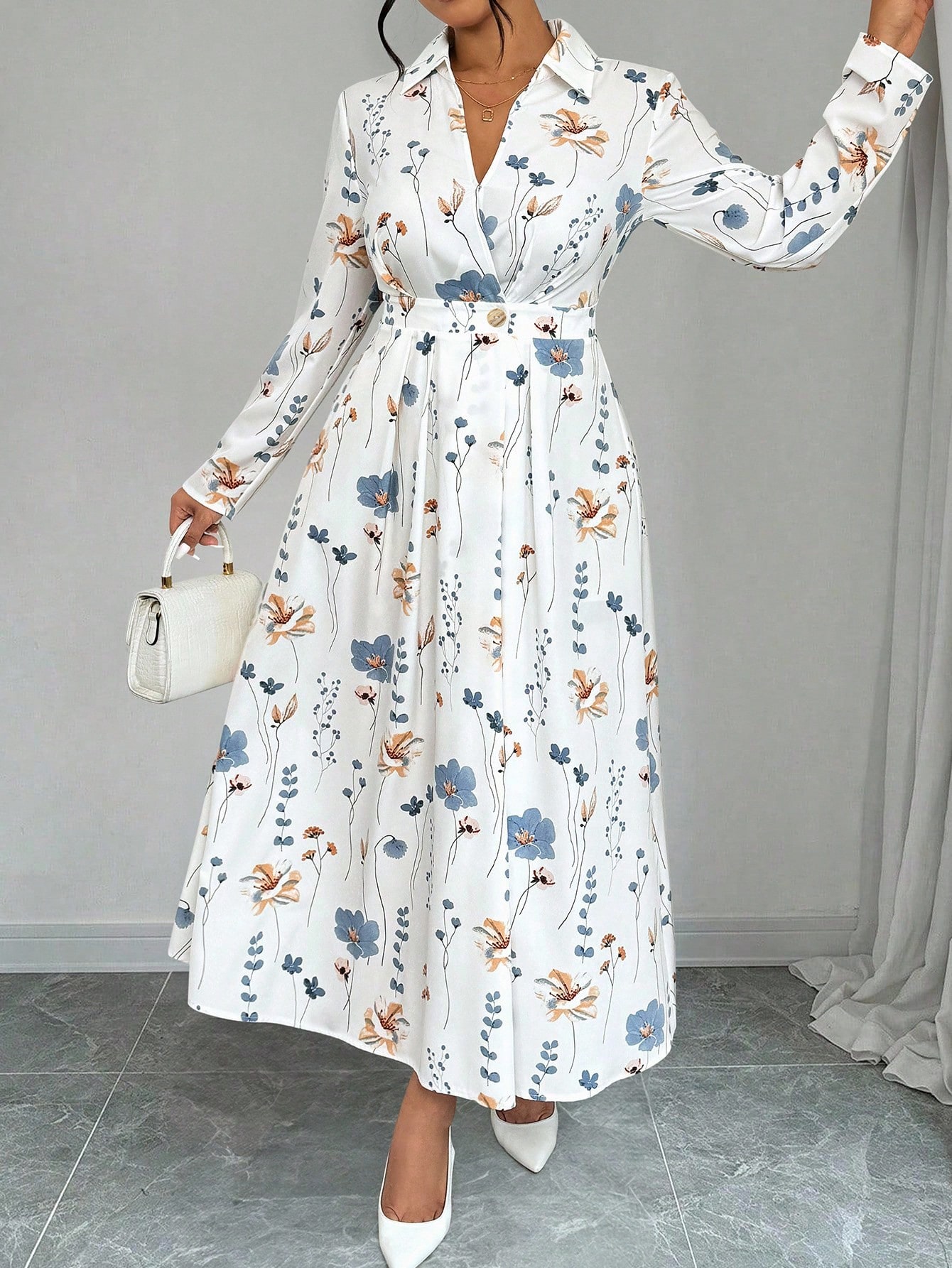 Elenzga فستان ماكسي للنساء بأكمام طويلة وطبعات زهر...