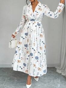 Elenzga Plus Size Random Floral Print Crisscross Wrap Long Sleeve Dress Maxi Women Outfit Fall Cloth For Women