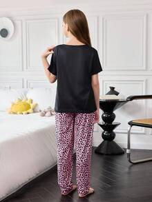 少女粉色小猫短袖上衣和豹纹裤睡衣套装 - 粉色 - 查看 2