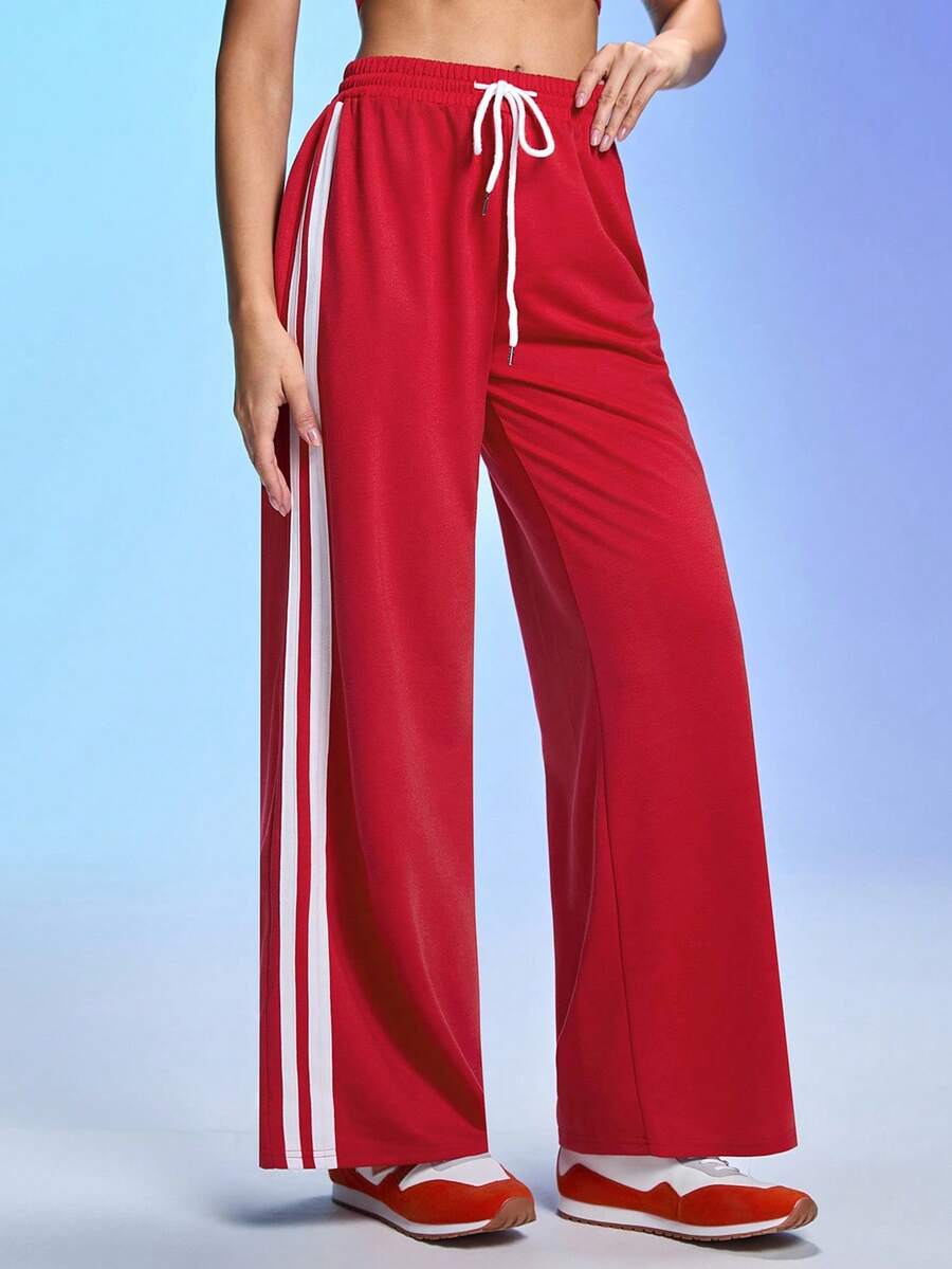 Gameset SHEIN Sport Women's Contrast Side Stripe Elastic Waist Drawstring Sweatpants,Loose Straight Wide Leg Track Pants,Sports Flare Workout Pants - Red - View 1