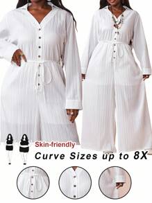 SHEIN CURVE+ 2025 年新款时尚白色休闲衬衫上衣，正面纽扣和腰带，加大码褶皱阔腿连体裤，适合春夏休闲、生日派对、日常穿着、Datefall 女士服装、冬季、CURVE PLUS/秋冬 - 白色 - 查看 3