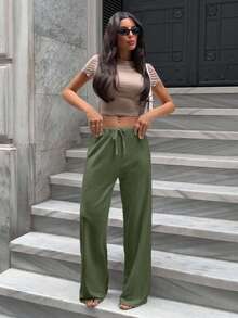 EURMUSE ELASTICAL WAIST DRAWSTRING STRAIGHT LEG PANT - Army Green - View 3