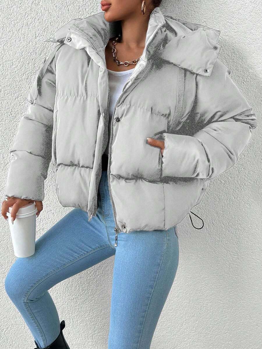 EURMUSE 女式纯色长袖拉链前抽绳连帽休闲冬季夹克 - 白色 - 查看 1