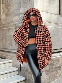EURMUSE Pied De Poule Printed, Keep Warm Feature, Draw String Hem Detailed Puffer Winter Coat - Multicolor - View 5