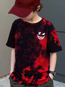 SHEIN Tween Boy Vacation Style Tie Dye Print Round Neck Short Sleeve Pullover Knitted T-Shirt