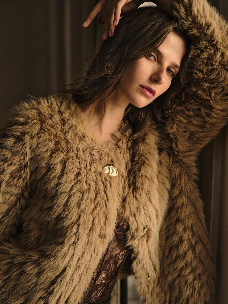 WOOL-LIKE FABRIC SOLID FAUX FUR METAL BUTTON PLACKET COAT