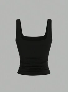 Sweetra Women's Solid Color Square Neck Pleated Fitted Casual Tank Top - Multicolor - View 7