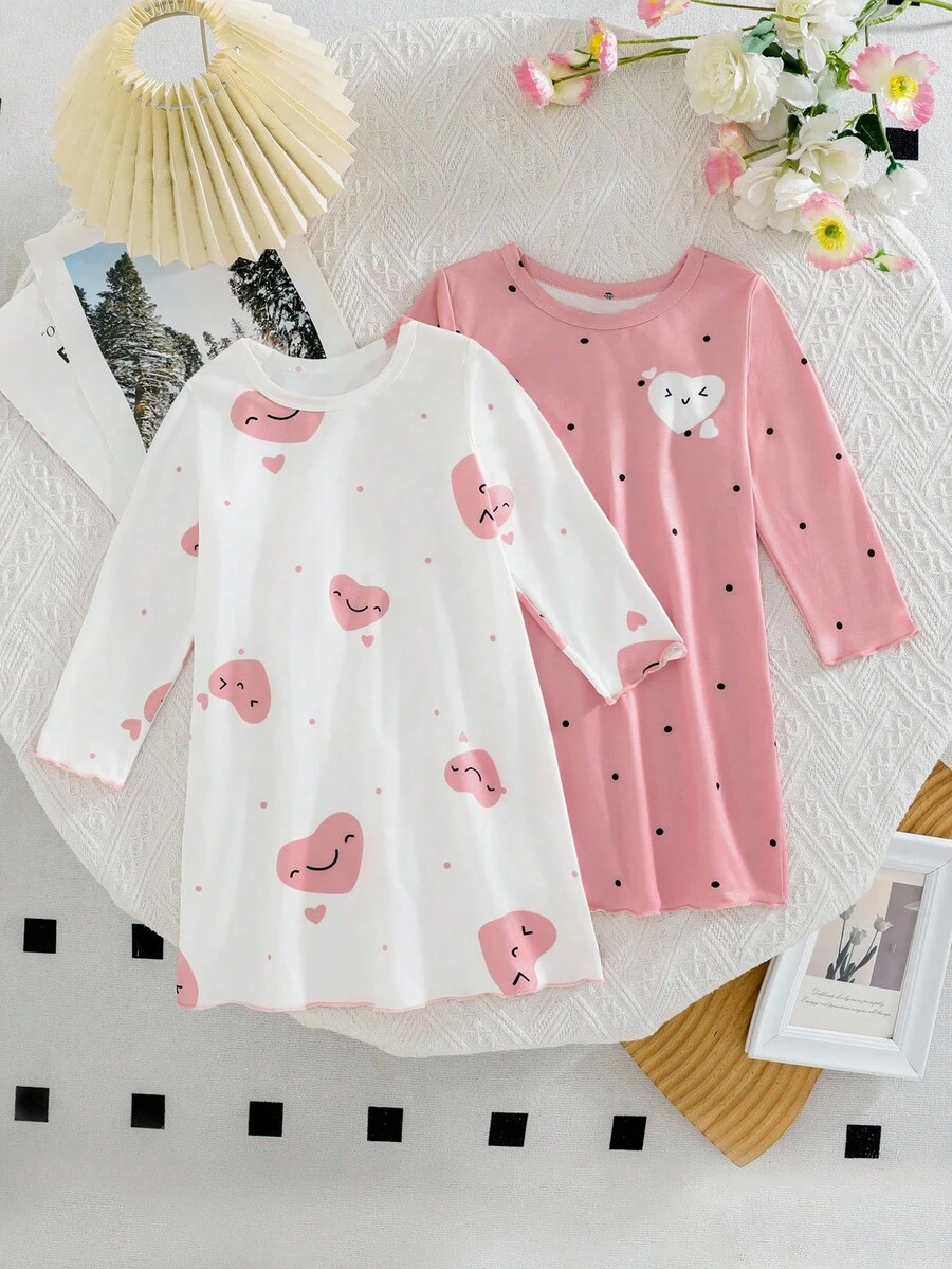 2pcs Baby Girls' Short Sleeve Nightgown, Casual Cute Printed Interchangeable, Suitable For Home Wear, Spring/Autumn Baby Girl Night Dress - Dusty Pink - View 1