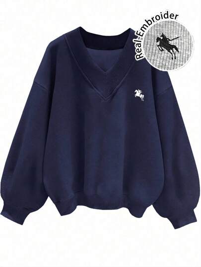 Slaydiva 音乐节和返校季学院风刺绣小马标志休闲大码V领宽松女式运动衫，海军蓝，适合秋冬季