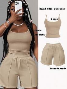 Slaydiva New Spring And Summer Casual Basic Sports Style U-Neck Suspender Vest + Five-Point Trousers With Tooth Strips Decorative Sweatpants White Women's Two Pieces Set-A - Apricot - View 3