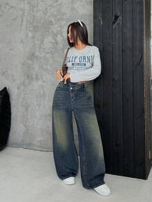 SHEIN PETITE CURVE Calça jeans feminina plus size, cintura assimétrica, vintage, azul, solta, reta - Lavagem escura - Ver 3