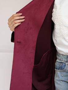 SHEIN Privé VITNOS Women's Burgundy Autumn Elegant Office Solid Color Lapel Neck Casual Trench Coat,High-End Winter Long Jacket For Date Night,Parties,Holiday - Khaki - View 10