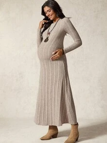 Boho Mama 孕妇纯色圆领长袖罗纹休闲连衣裙 - 卡其色 - 查看 1