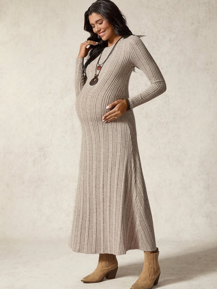 Boho Mama 孕妇纯色圆领长袖罗纹休闲连衣裙 - 卡其色 - 查看 1