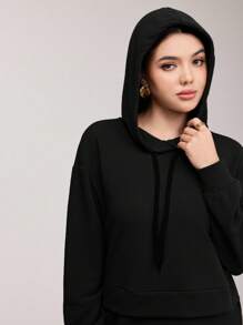 Veilorie Drop Shoulder Split Hem Drawstring Hoodie & Sweatpants,Ladies Spring/Fall Casual Drawstring,Pocket Three Quarter Length Sleeve Regular Fit Black Drop Shoulder Sweatshirt Sweatpants Women Two Pieces Outfits , Outdoor Activities 2 Pieces Set - Black - View 5
