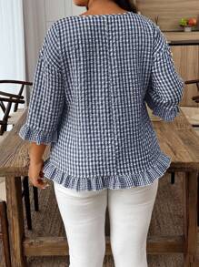 Weeklong Camisa casual de mujer talla grande con cuello redondo, manga 3/4 y dobladillo con volantes a cuadros - Azul Marino - Ver 2