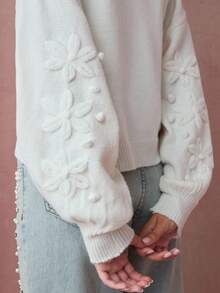 Enchnt Women's 3D Floral Decor Drop Shoulder Long Sleeve Knitted Cardigan In Fall/Winter - Apricot - View 4