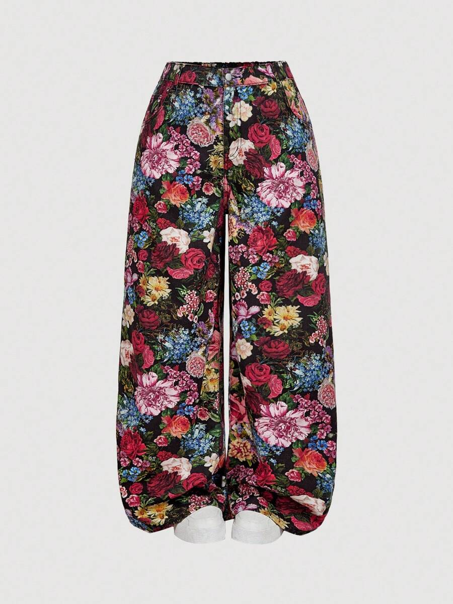 SHEIN MOD 大码花卉印花阔腿休闲牛仔裤、返校季、女装秋季、度假女装、返校季服装、校服、图案裤、优雅女装牛仔裤、乡村音乐会、女装西部风、复古牛仔裤、女装阔腿裤、Y2k 女装、女装早午餐、趣味牛仔裤、复古风女装、约会之夜女装、外出裤装、返校季女装、女装复古服装 - 紅色 - 查看 1