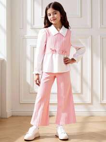 Young Girl Bow Decor 2 In 1 Long Sleeve Shirt And Flare Pants Cute Set - Multicolor - View 1
